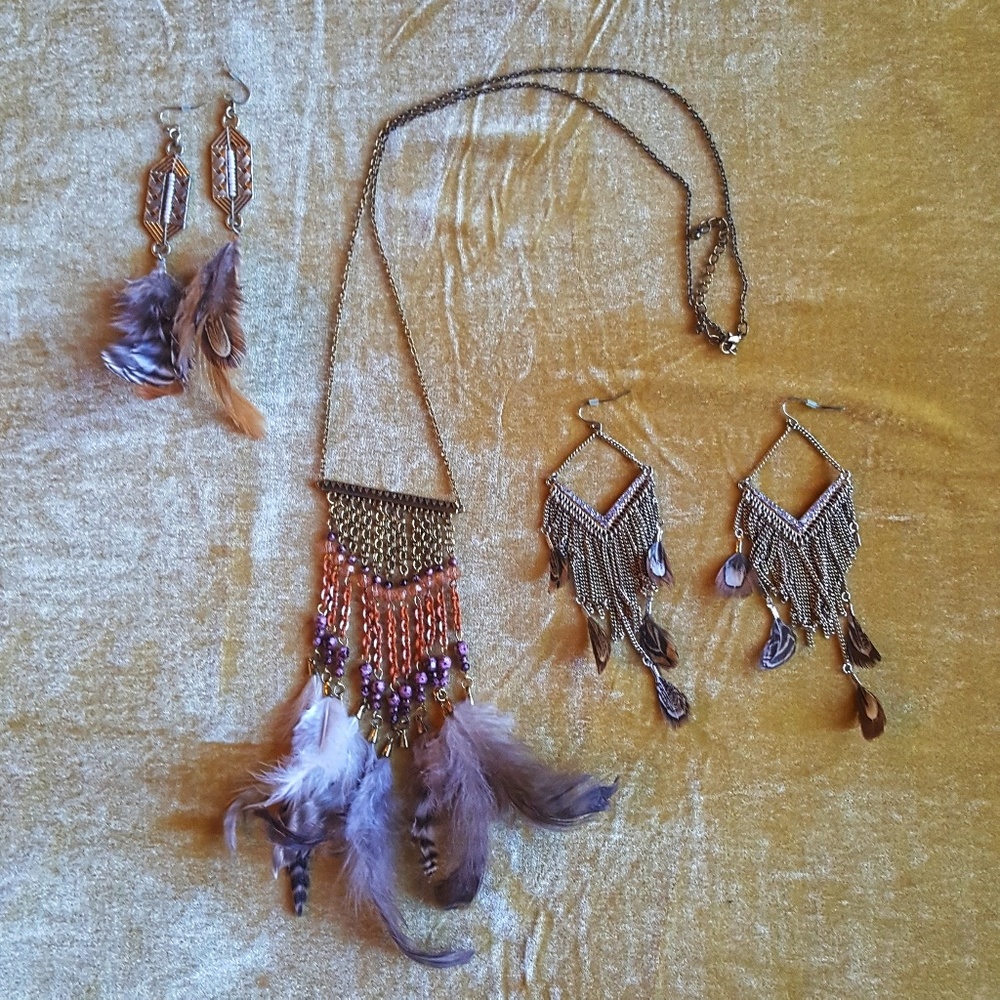 Boho feather fring necklace and earing set
